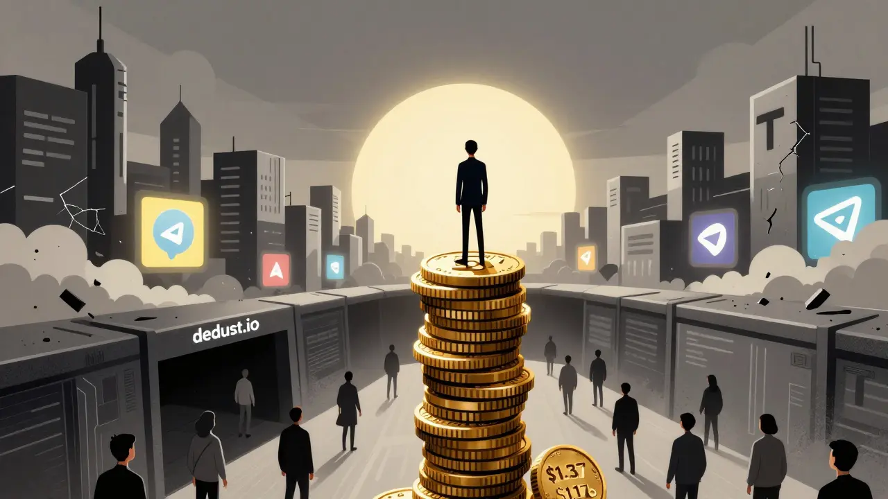 Trader on a stack of volatile SCALE tokens, facing a TON sunrise while scam sites crumble, in sharp Constructivist illustration style.