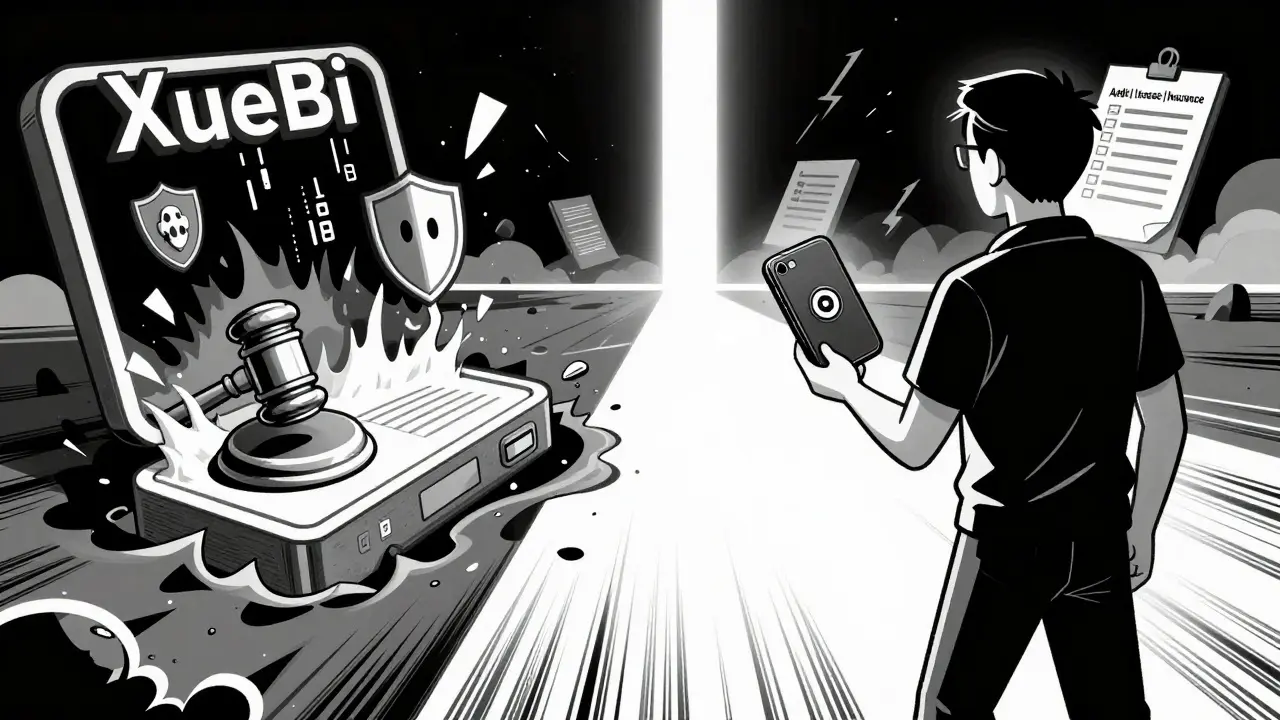 Trader stepping away from sinking XueBi platform toward a path of regulation symbols like gavel, shield, and checklist.