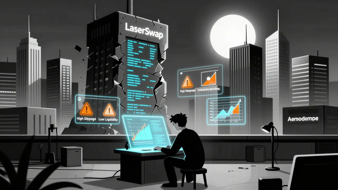 Trader surrounded by warnings as LaserSwap tower crumbles behind them