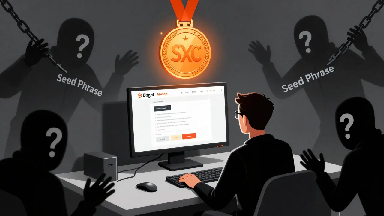 User catching an SXC token from Bitget&#039;s airdrop page as scam figures lurk nearby.