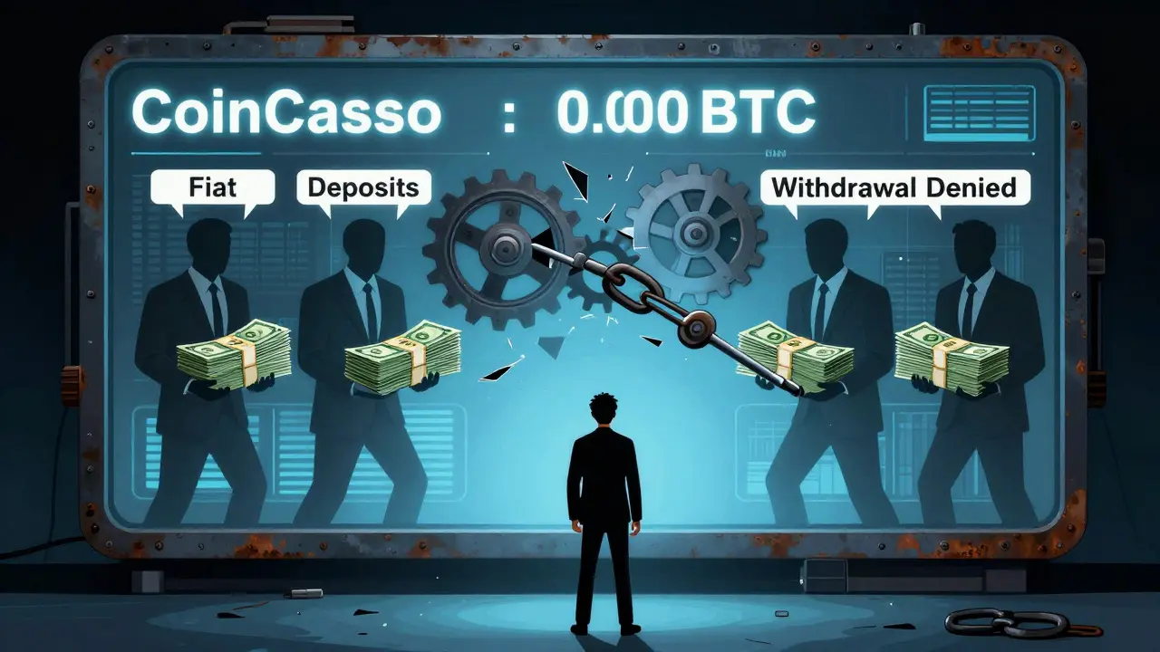 User facing a screen showing zero balance while shadowy figures hold stolen funds.