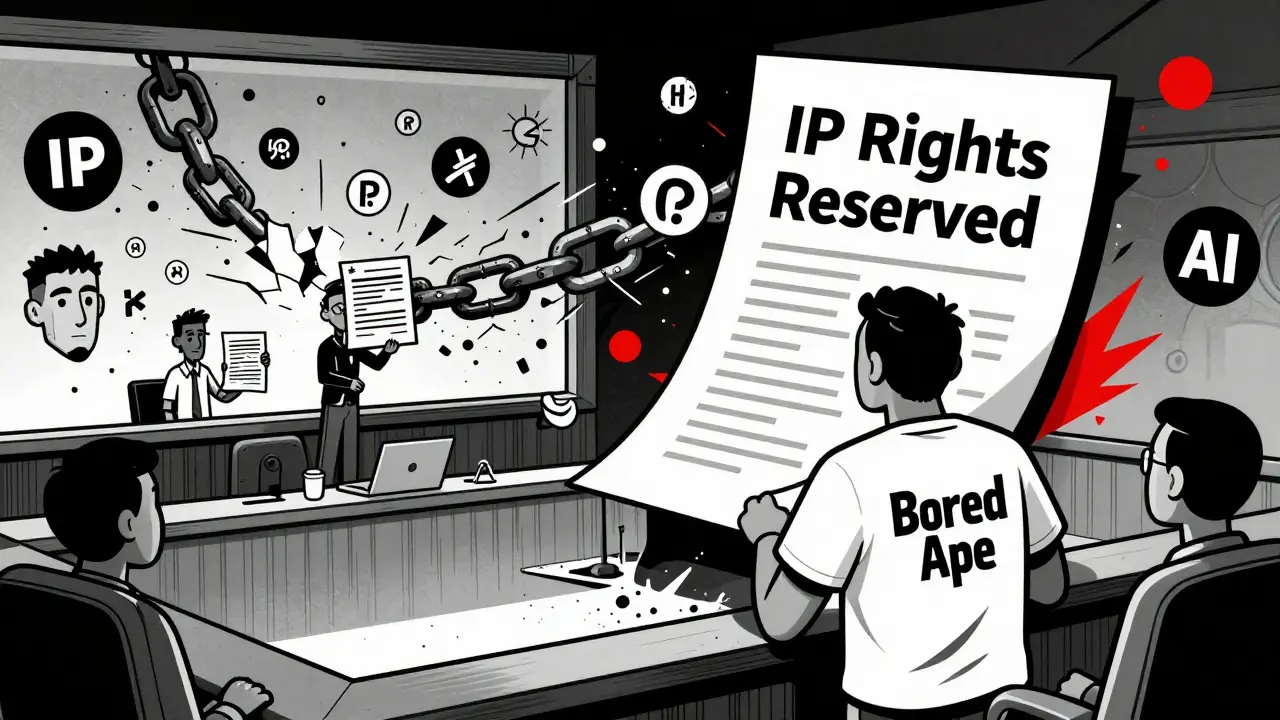 A buyer in court faces a legal document as blockchain chains and AI symbols crumble around them.