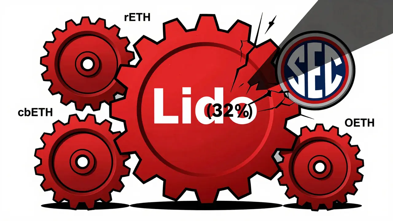A dominant Lido gear controlling most of Ethereum's validator network, with smaller staking tokens pushed aside under a looming SEC shadow.