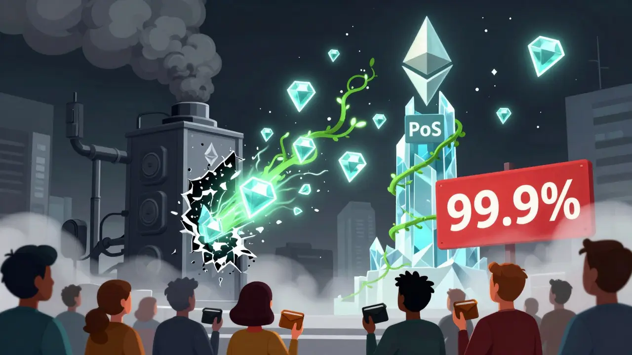 A mining rig breaking into glowing staking tokens as green energy rises into a crystalline tower.