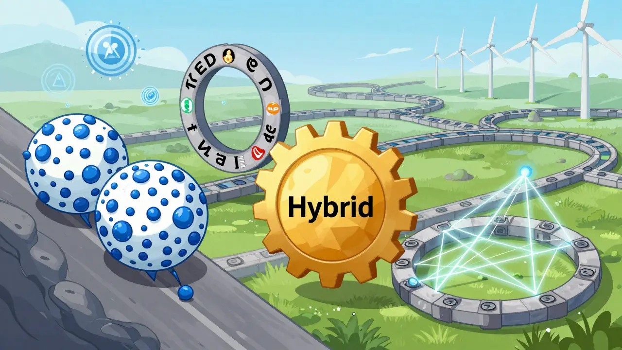A mosaic of hybrid consensus systems — snowball, clockwork, and gossip threads — uniting under renewable energy.