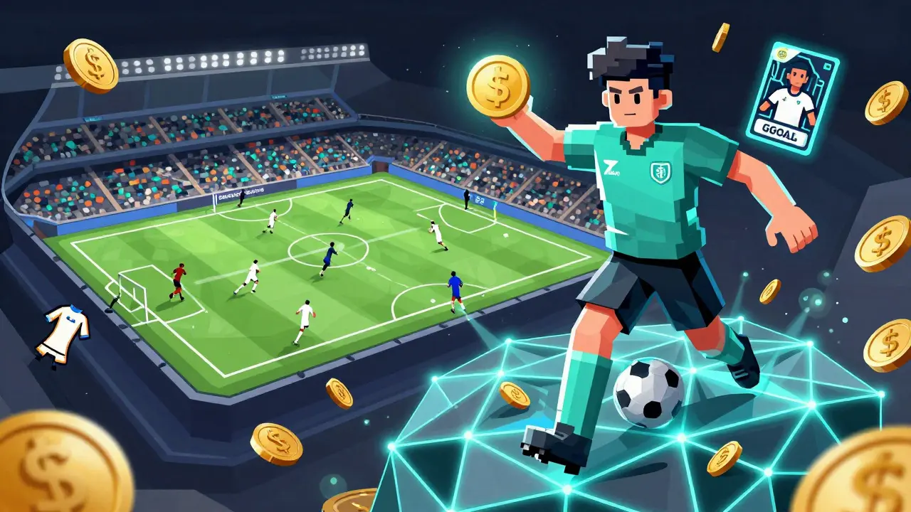 A pixelated NFT football player soaring through a blockchain lattice, holding $GOAL token and rare card.
