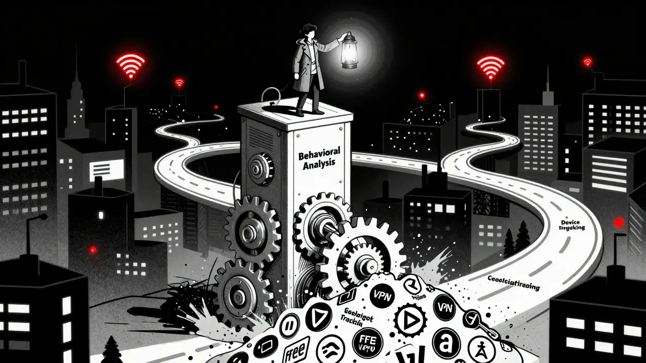 A security machine grinding free VPNs to dust, while a figure holds a premium VPN lantern lighting safe paths through cyber dangers.