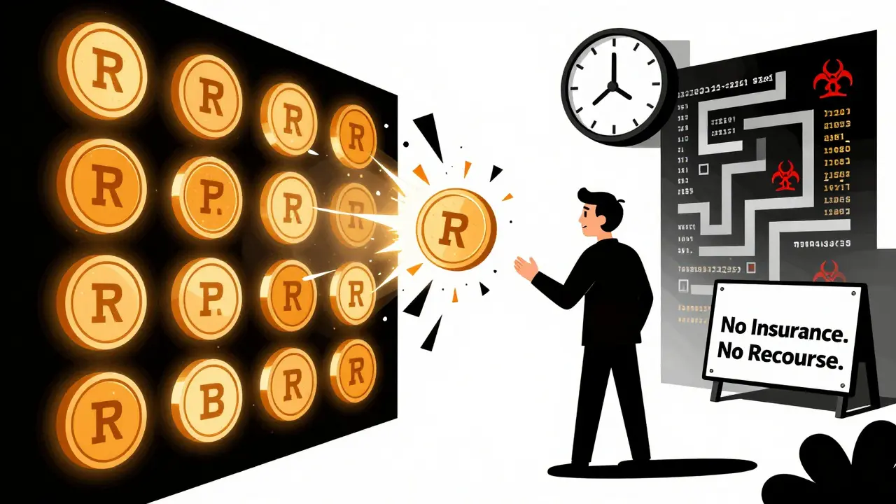 An investor facing glowing liquid staking tokens, one exploding, with smart contract hazards and a 'No Insurance' sign in the background.