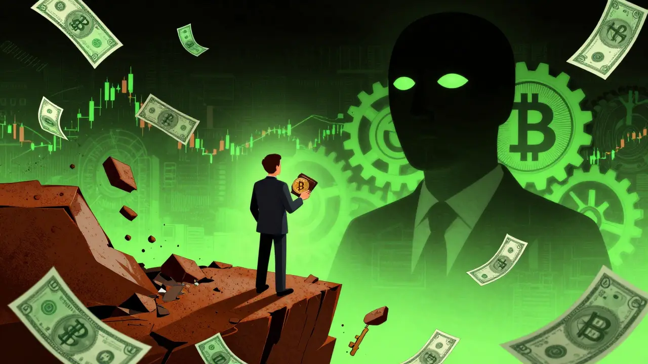 An investor holds Bitcoin as traditional finance collapses, while the digital yuan looms overhead like a surveillance machine.