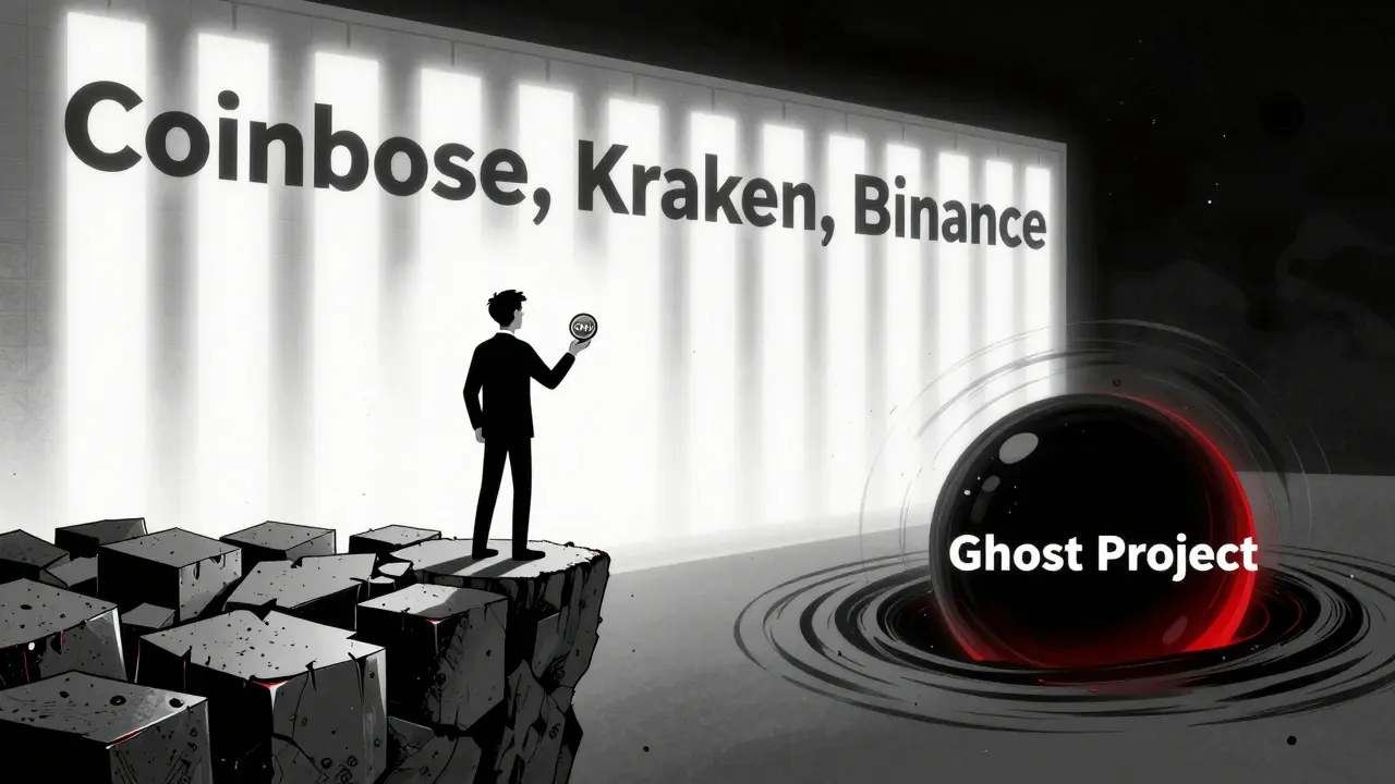 An investor stands at a cliff of broken blockchain blocks, facing a black hole labeled 'Ghost Project'.