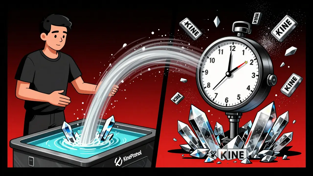 Calm trade on left, chaotic liquidation on right with shattered price feeds and fading KINE tokens.