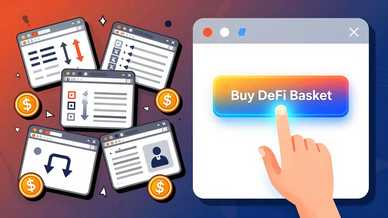 Chaotic browser tabs on left, single 'Buy Basket' button on right, showing contrast between manual trading and simplified diversification.