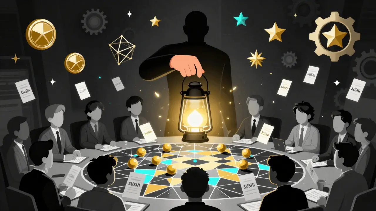 Community voting on SUSHI governance with a glowing lantern rising from blockchain nodes.