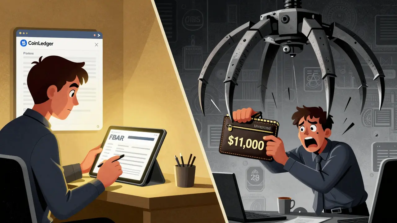 Contrasting scenes: one person filing crypto FBAR peacefully, another being crushed by an IRS claw.