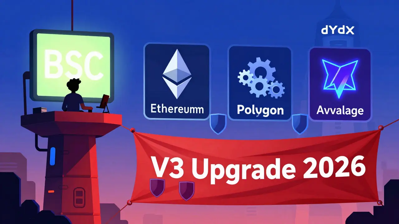 Control tower monitoring four blockchains, V3 upgrade banner unfurling, isolated margin shields forming.