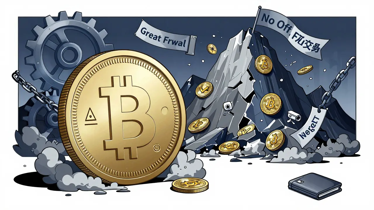 Digital yuan coin towers over collapsing crypto icons, surrounded by state surveillance machinery.