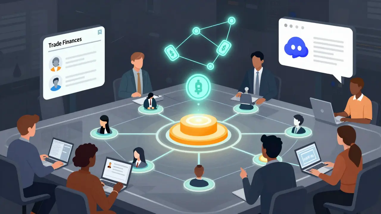 Diverse users interacting with a trade finance dashboard, simulating transactions and referrals as tokens rise into a token-shaped constellation.