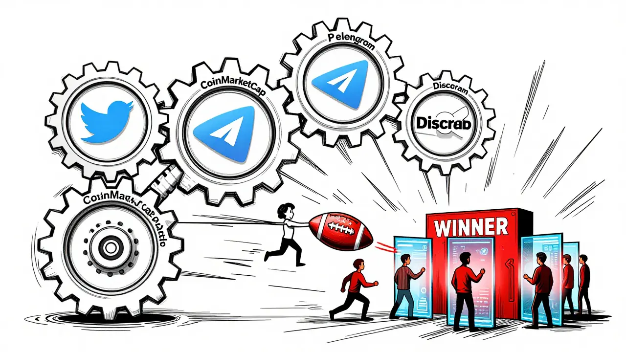 Eight interlocking gears forming a checklist, users entering or falling out of a football-shaped portal.