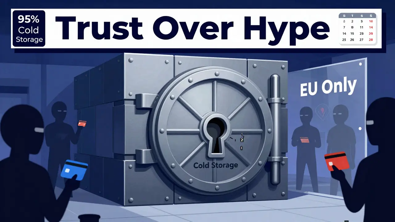 Fortified cold storage vault with 2FA keyhole, blocked VPN users, and 'Trust Over Hype' banner.