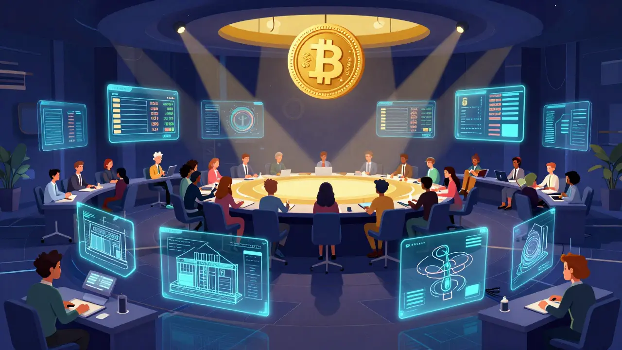 Hundreds of avatars in a geometric virtual conference room with floating SAND tokens