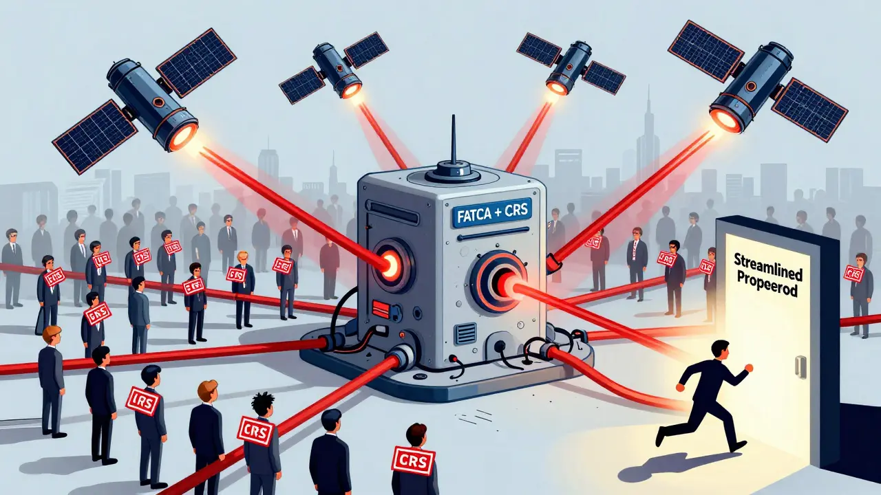 IRS surveillance network connecting global crypto exchanges to a central penalty machine.