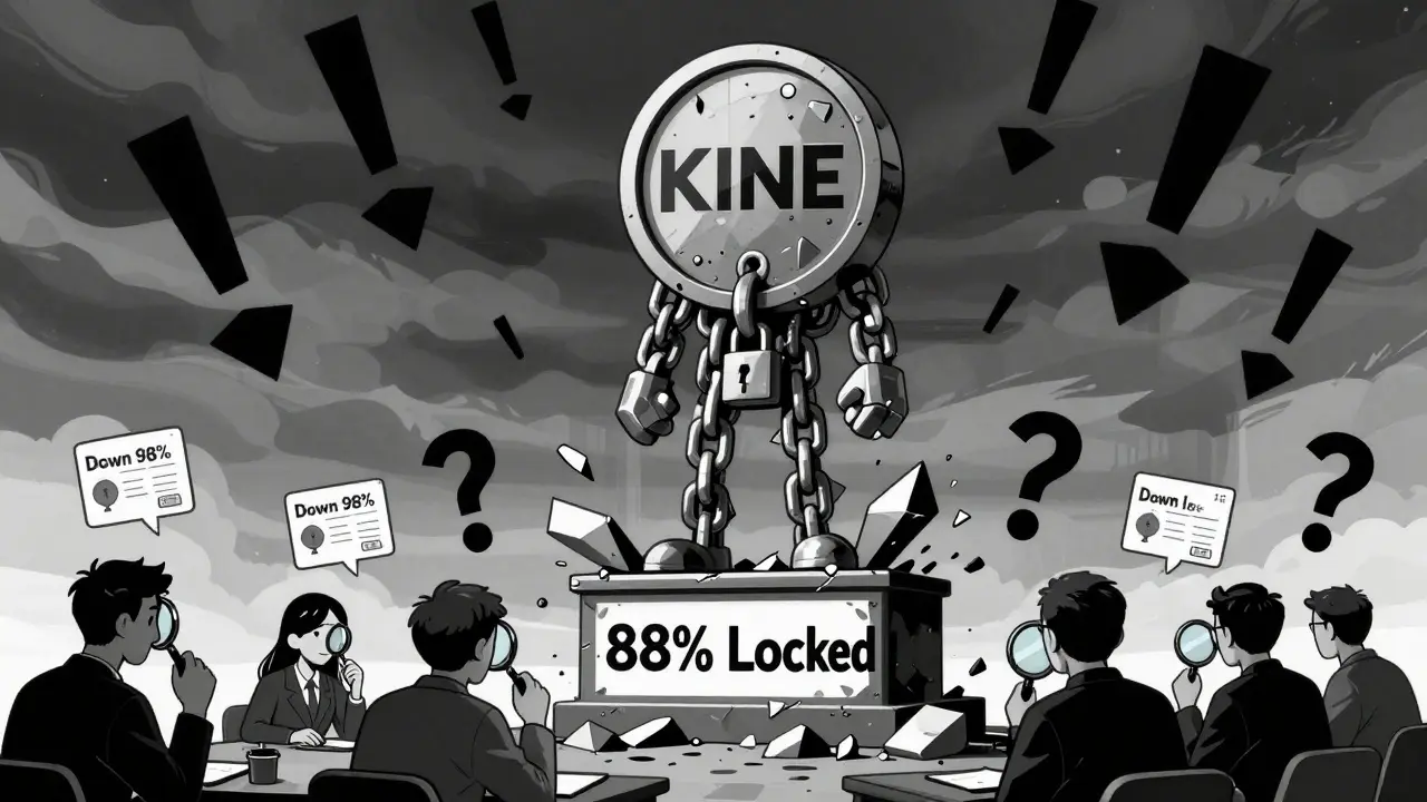 KINE token statue made of locked chains, surrounded by falling sell signals and traders