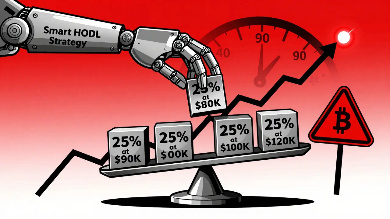 Mechanical arm placing profit-taking blocks on a scale above a rising Bitcoin curve, Fear &amp; Greed Index spiking.