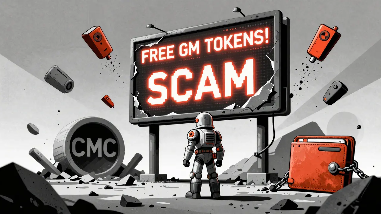 Miner before crumbling fake airdrop billboard, NFT tools turning to dust, CMC logo buried.
