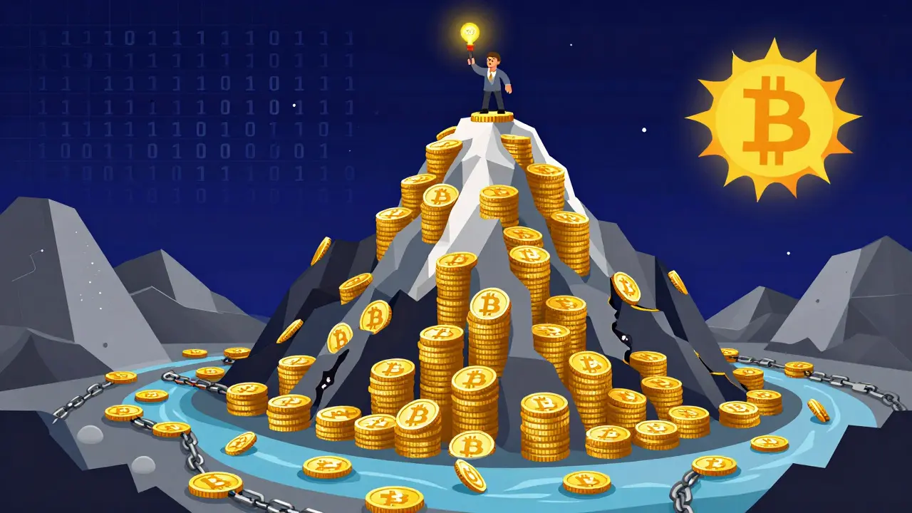 Mountain of Bitcoin coins with halving notches, miner at peak holding torch labeled '2140'.