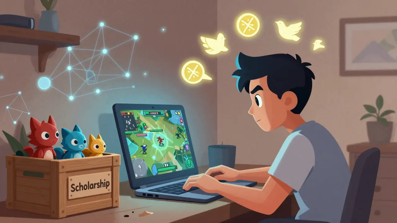 Player in a modest room earning AXS tokens from Axie Infinity battles