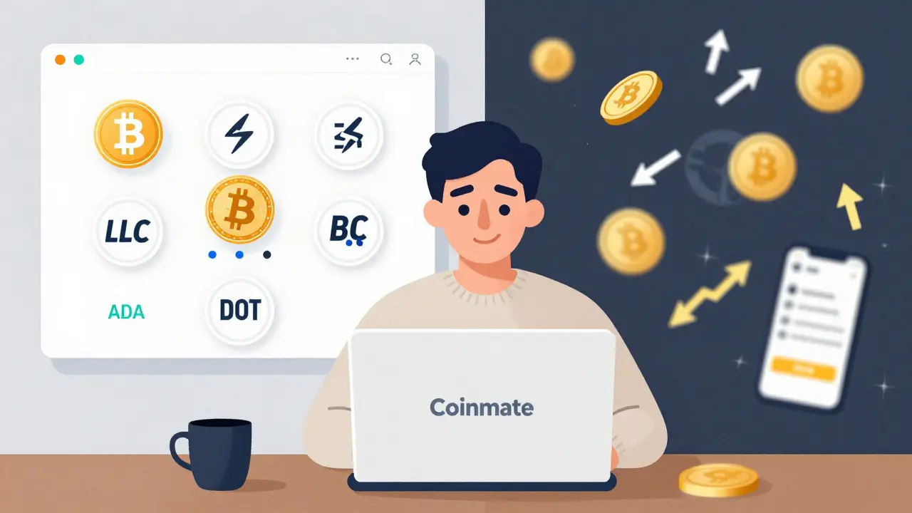 Split scene: calm crypto buyer using Coinmate vs. chaotic global exchanges with blurred altcoins and apps.