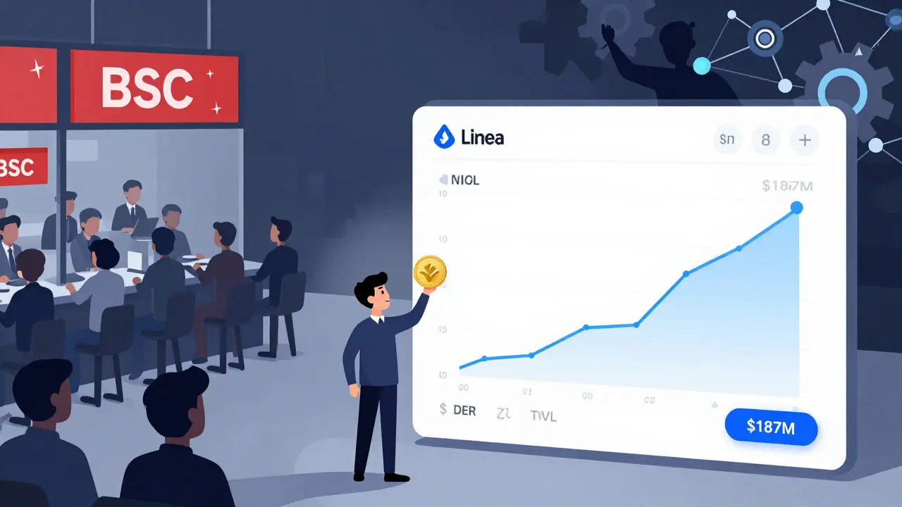 Split scene: congested BSC vs smooth Linea trading with small investor holding CAKE token