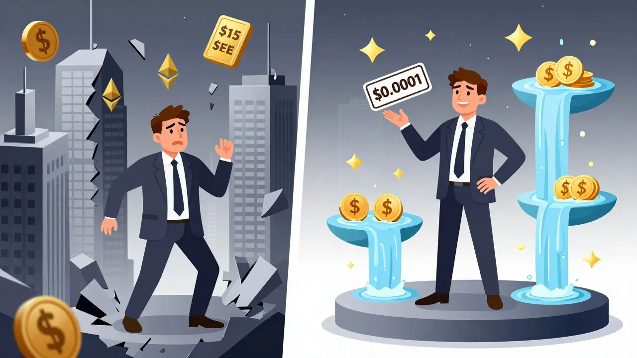 Split scene: Ethereum fees collapsing vs Harmony’s zero-fee trading with reward stars, Constructivist style