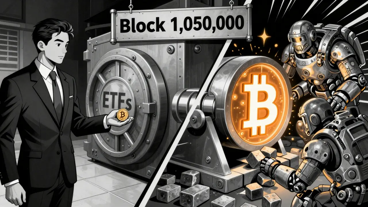 Split scene of institutional investors and miners interacting with a Bitcoin halving machine.