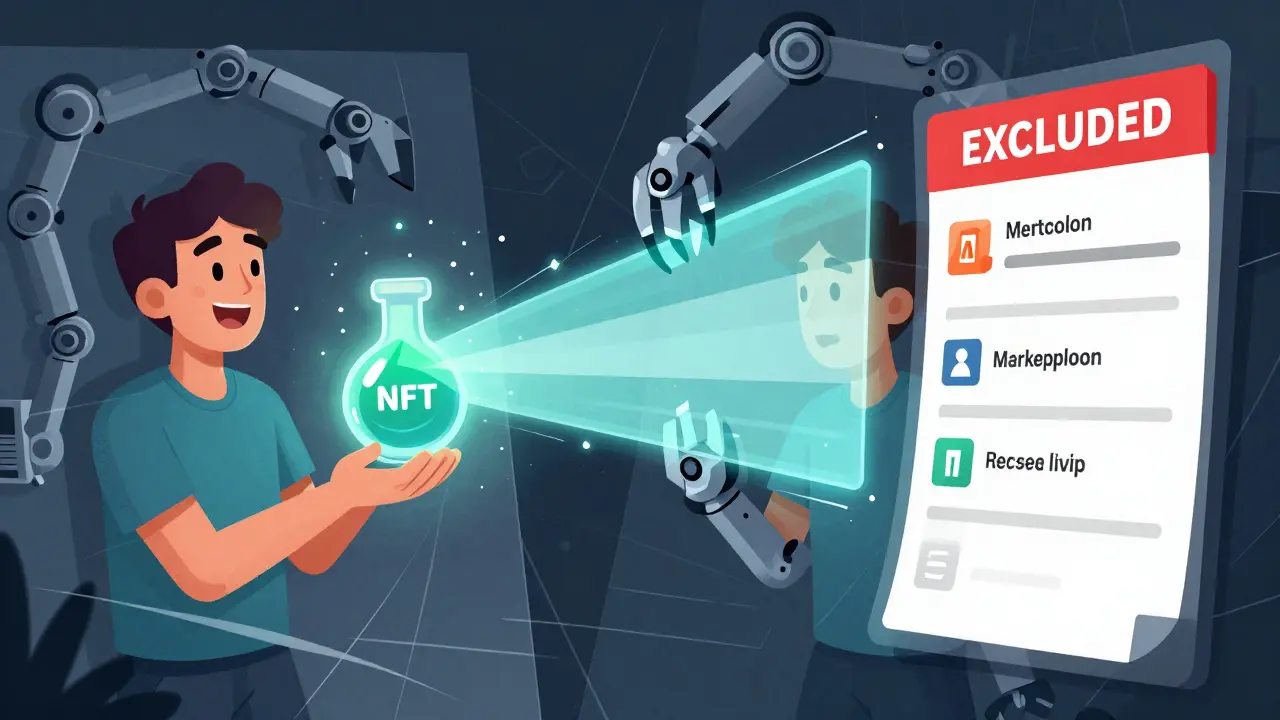 Split scene: one player gains a power-up Potion NFT, another is flagged for listing their NFT during a blockchain snapshot.