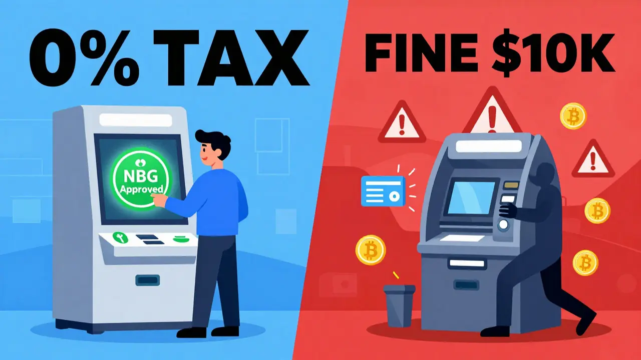 Split scene: safe licensed crypto use vs risky unlicensed activity with tax and fine labels.