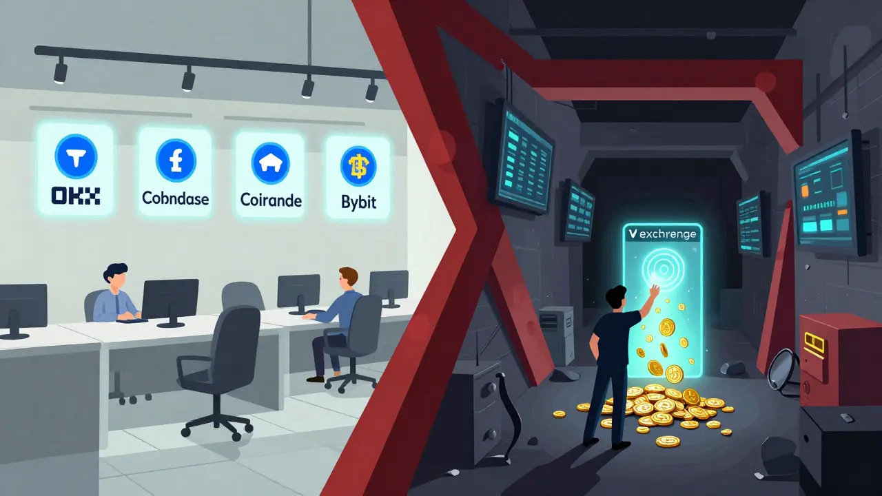 Split scene: trusted real exchanges on one side, a scam portal sucking crypto on the other, in Constructivist design.