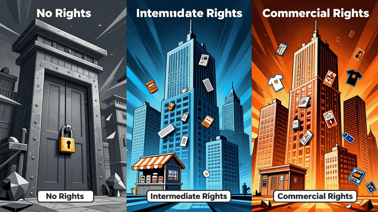 Three architectural structures represent NFT license tiers: locked door, small print shop, and commercial city skyline.