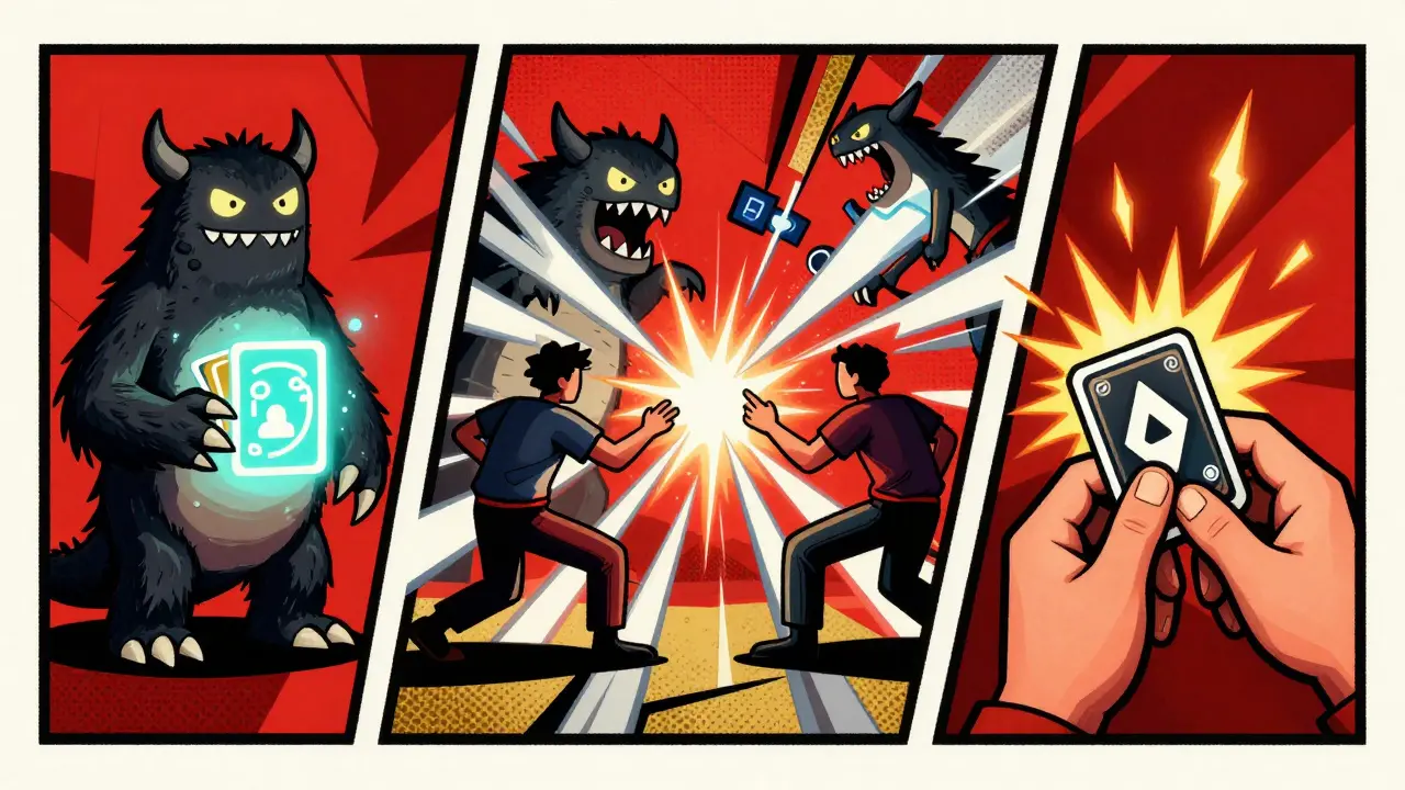 Three gameplay modes of CodeMong Ai shown in fractured Constructivist panels: idle, battle, and upgrade.