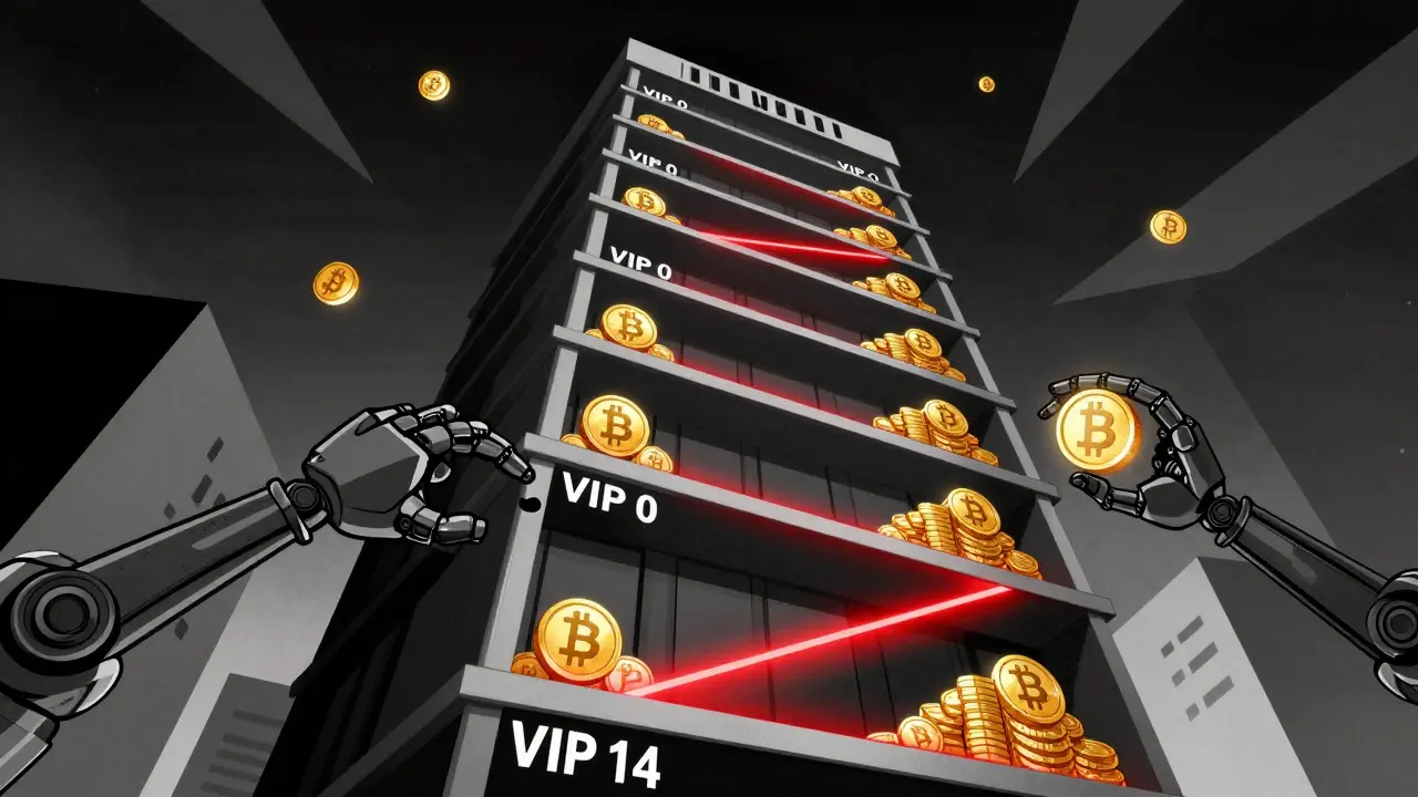 Tower of trading tiers with tokens reducing fees as users ascend through VIP levels.