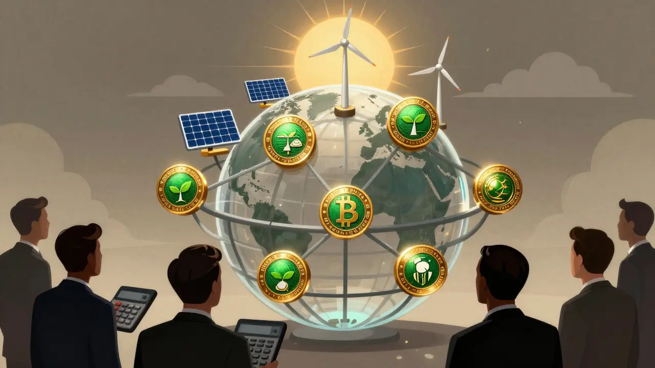 Transparent globe with sustainable crypto tokens connected by energy-themed nodes, rising toward sunrise under institutional observation.