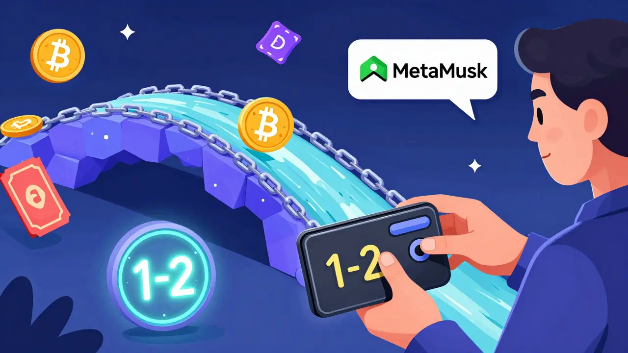 User bridging ETH to Linea via angular hexagon bridge with yield farming icons