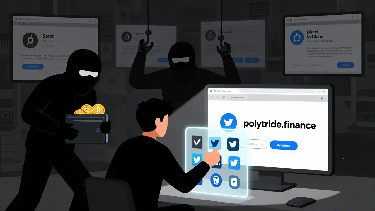 User safely connecting to official Polytrade site while scammer figures try to steal crypto, protected by verified badges.