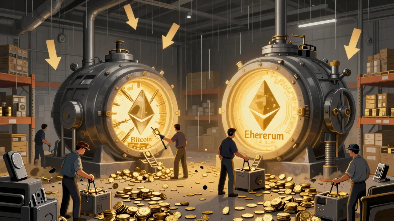 Warehouse with collapsing tokens, two glowing Bitcoin and Ethereum vaults being secured by workers with hardware wallets.