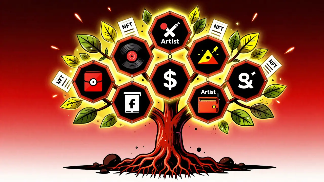 A blockchain tree with royalty streams as branches, rooted in an artist's wallet, rendered in bold Constructivist colors.