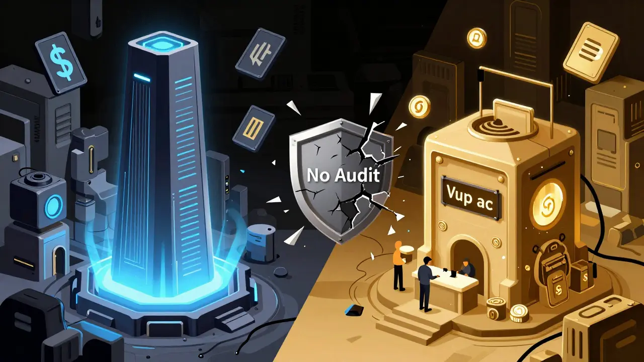 A Constructivist-style contrast between ApeSwap on Polygon and dominant DEXs, highlighting lack of audit and thin liquidity.