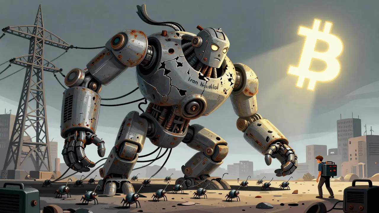 A crumbling power grid collapses under the weight of mining rigs, as a lone citizen carries a generator under a cold Bitcoin sun.