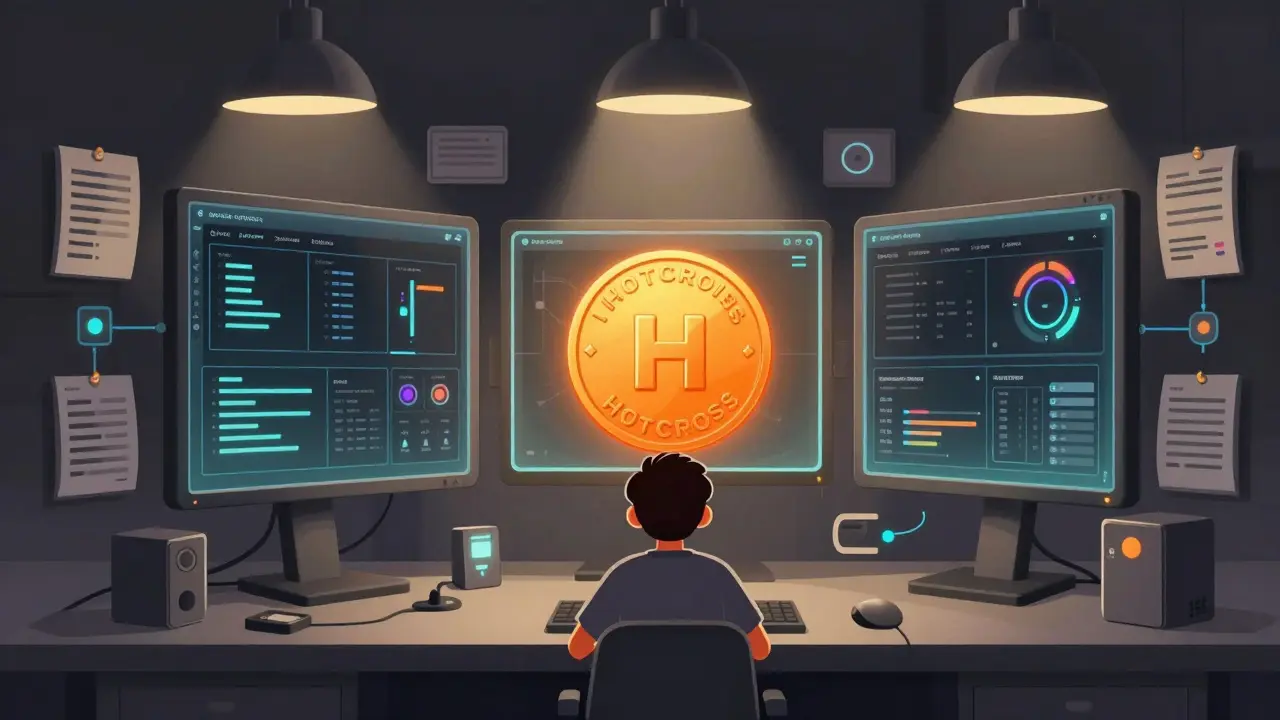 A developer uses a single HOTCROSS token to unlock three different blockchain interfaces, surrounded by symmetric tools and panels.
