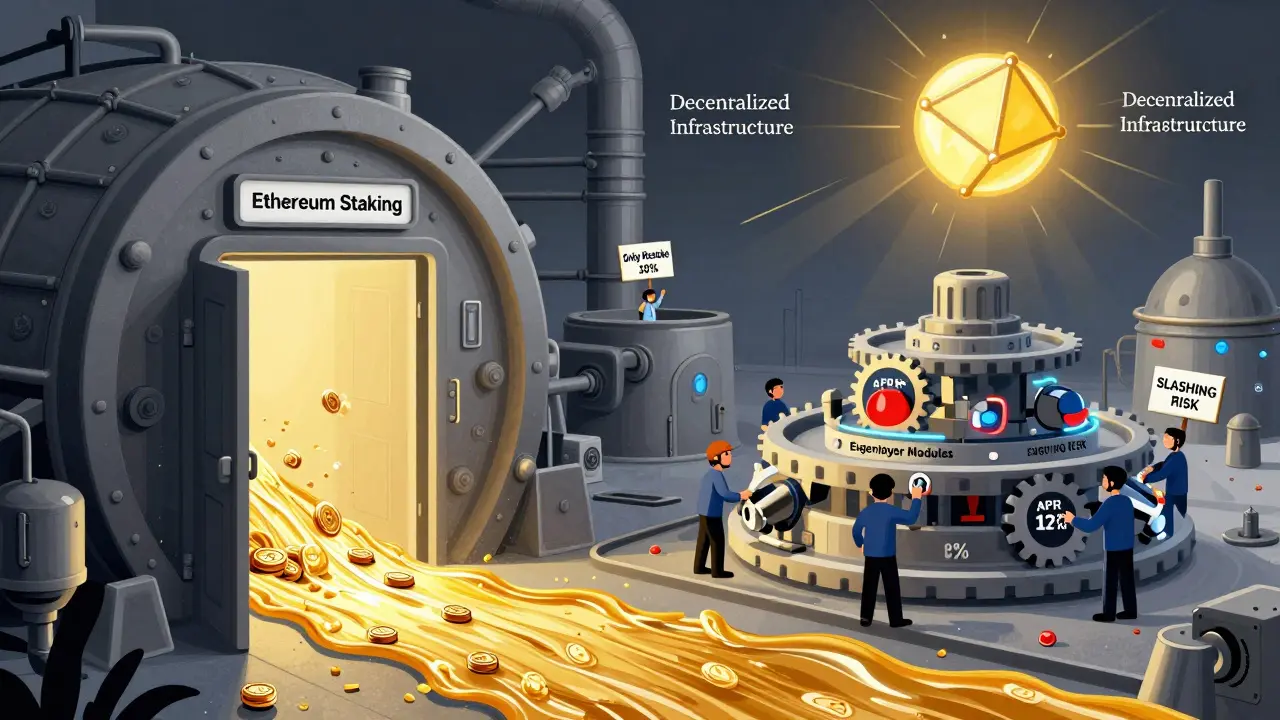 A golden river of liquid tokens flows from Ethereum staking into a gear system of restaking modules, with workers adjusting yields.