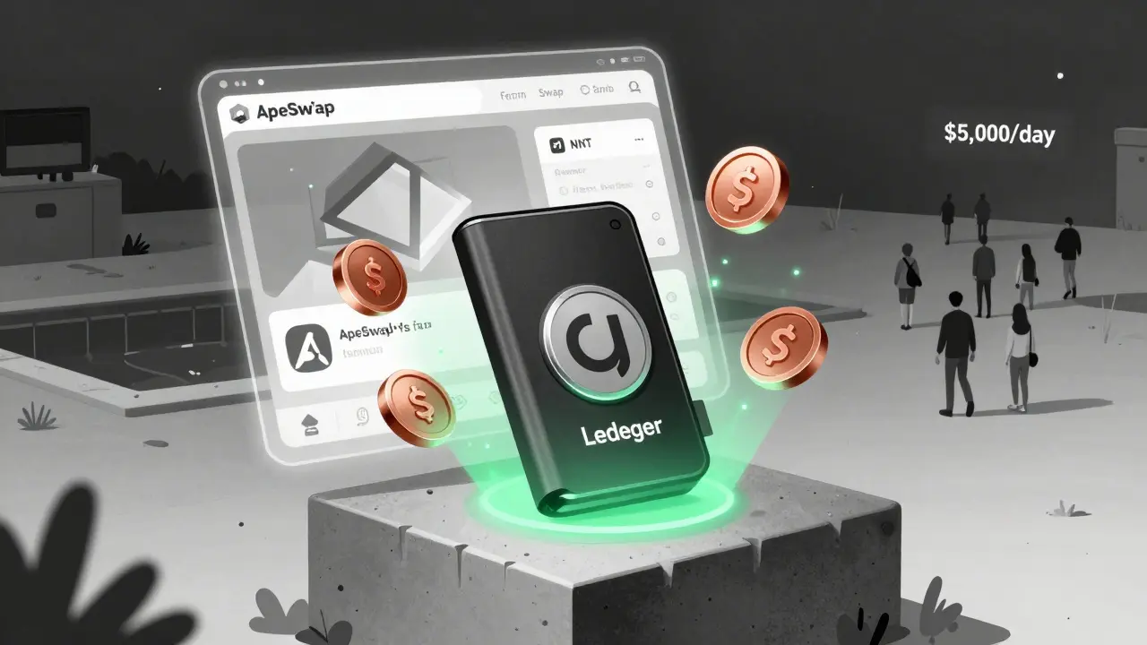 A hardware wallet glowing securely amid floating DeFi icons, set against a barren liquidity pool labeled with low daily volume.